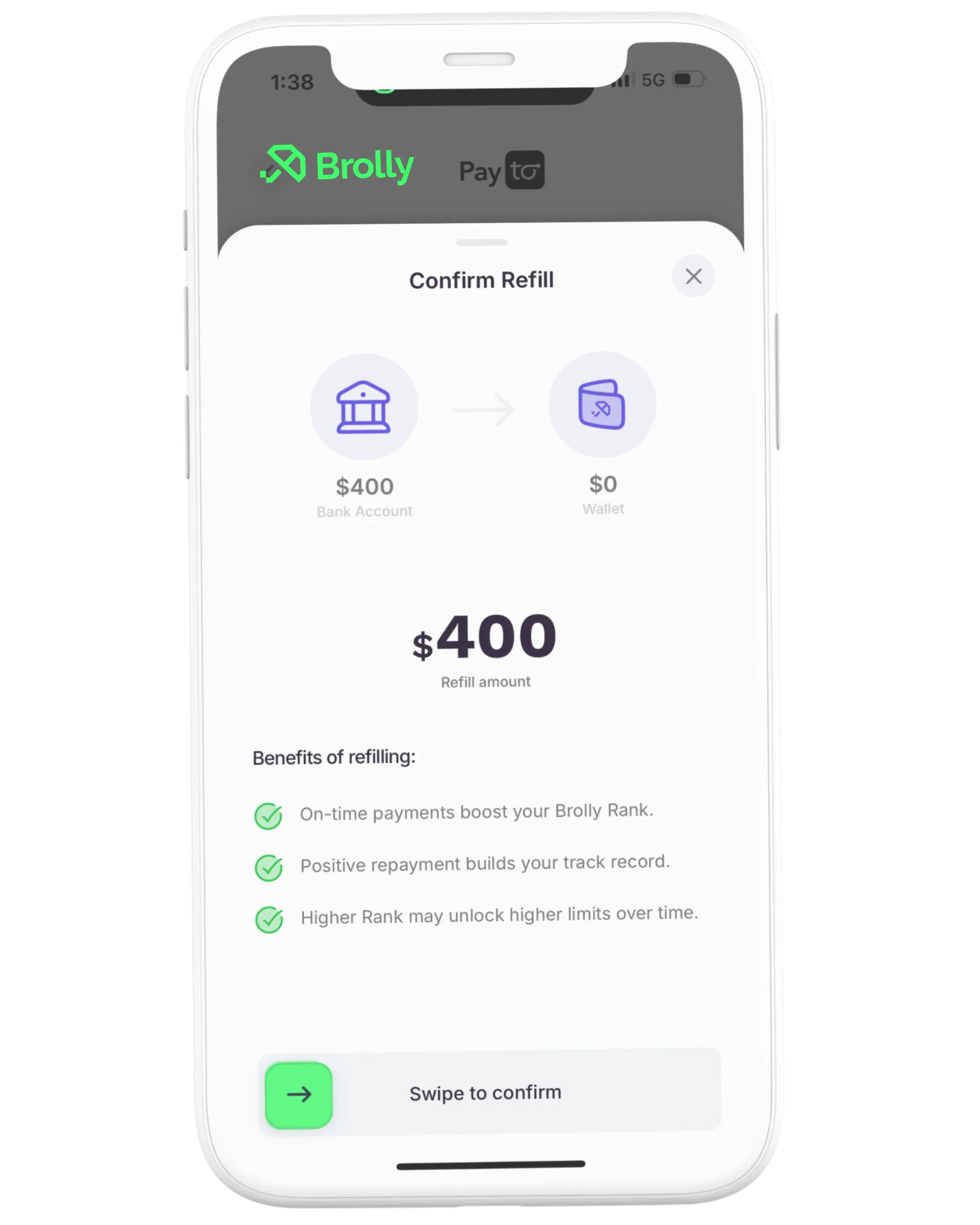 Brolly app refill confirmation screen.