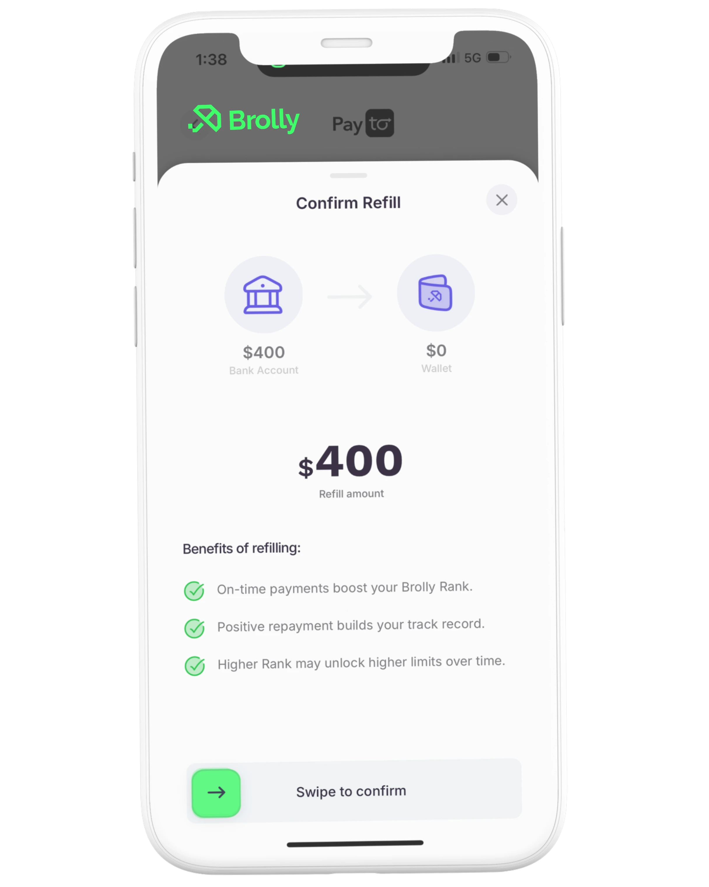 Brolly app phone showing a refill confirmation screen