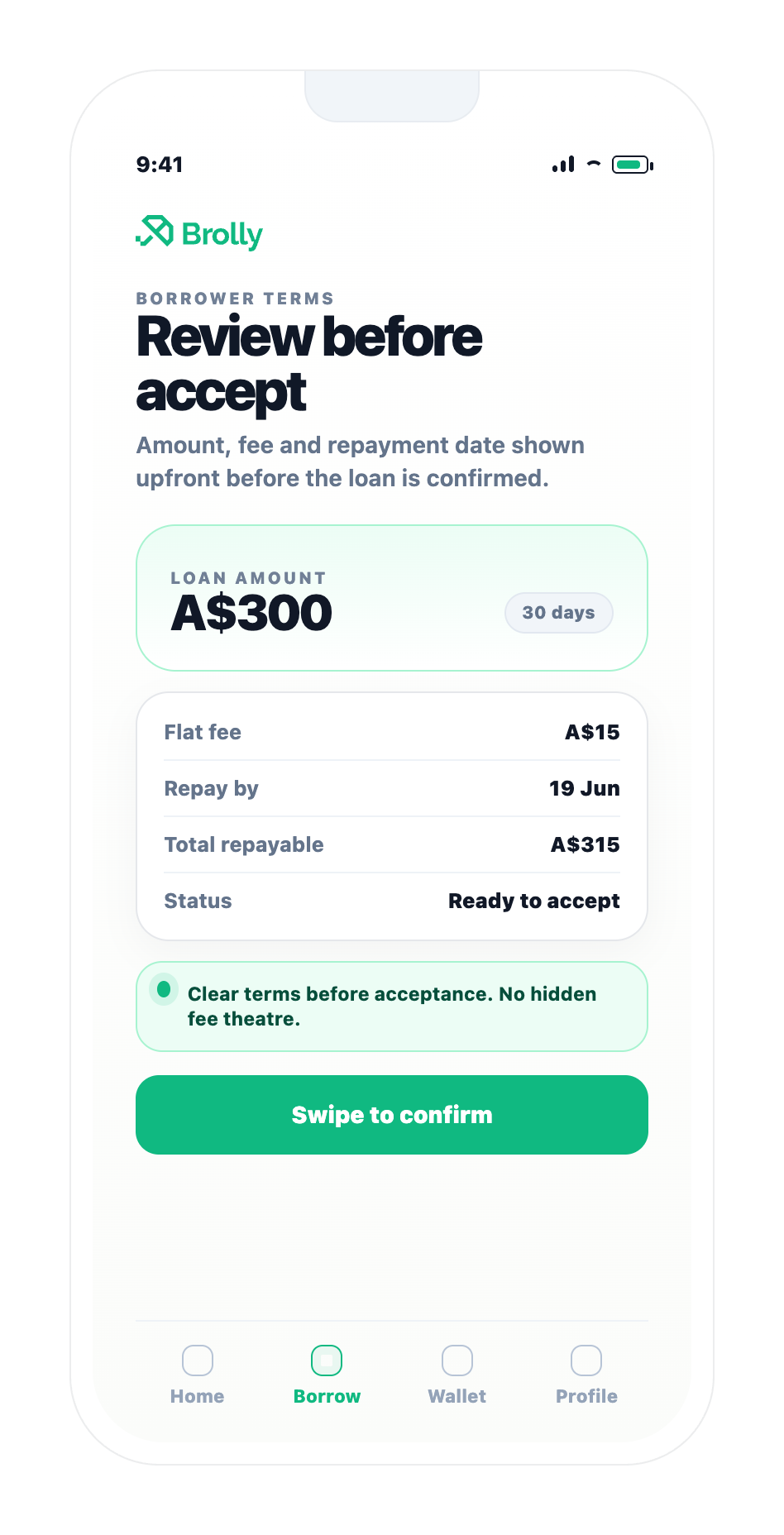 Review before accept Brolly app screen
