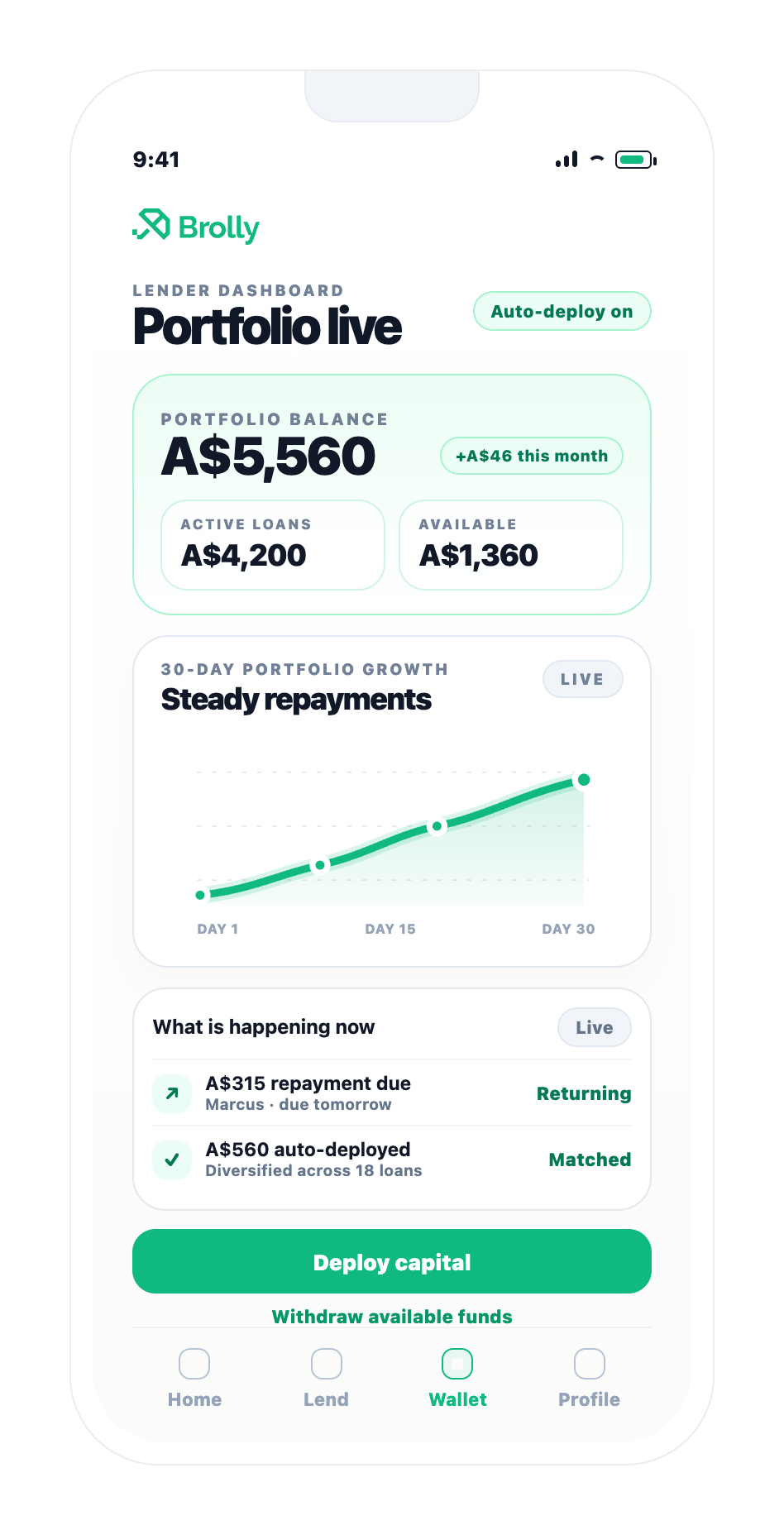 Portfolio live Brolly app screen