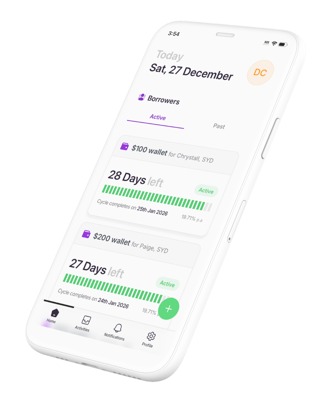 Brolly app showing active borrower wallets and loan periods left